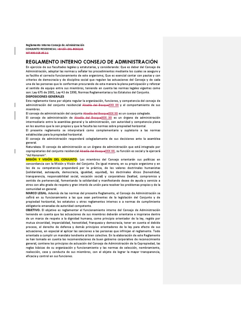 Reglamento Interno Consejo Abadía del Bosque | PDF | Condominio ...