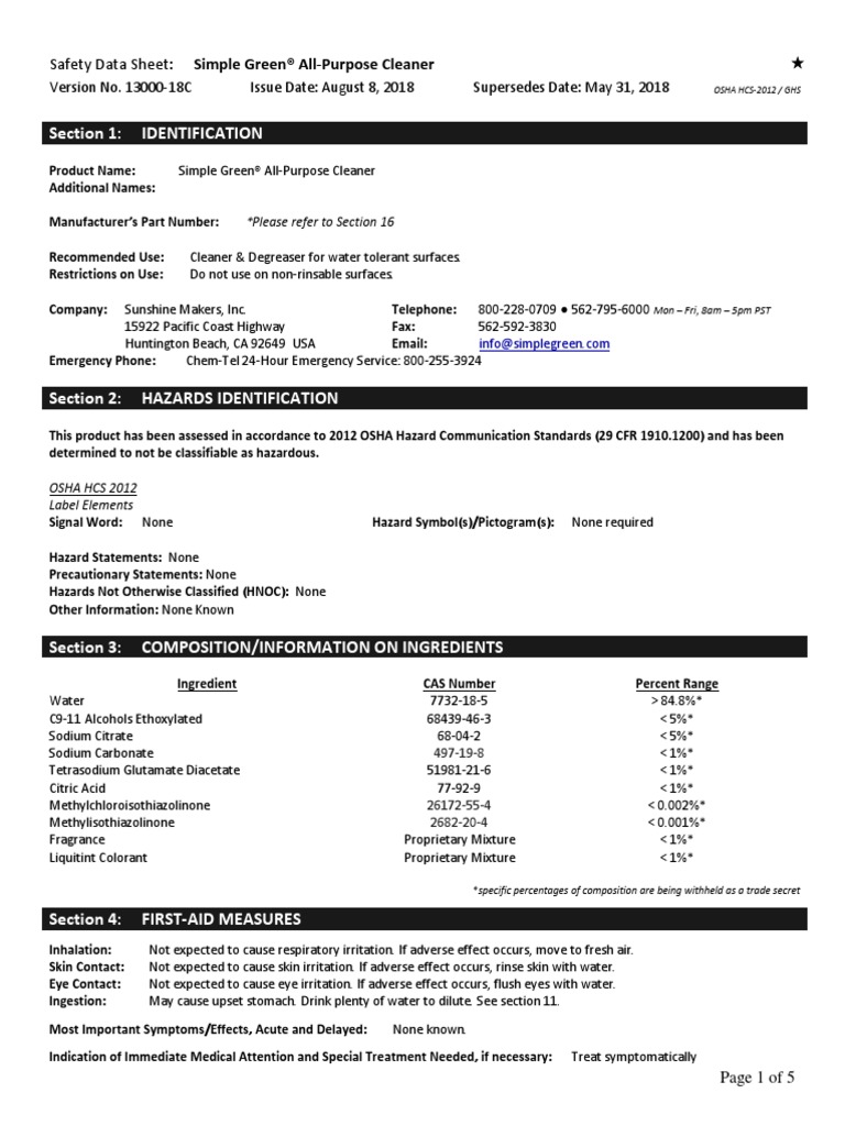 Section 1 Identification Safety Data Sheet Simple Green® AllPurpose Cleaner PDF Toxicity