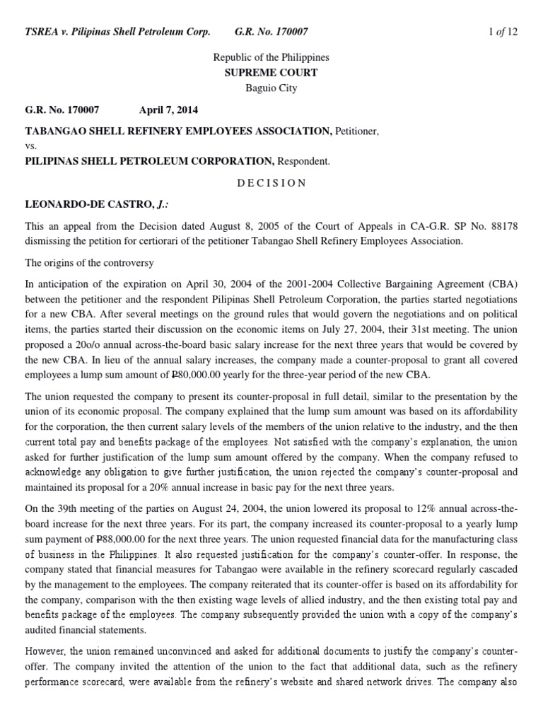 Tabangao Shell Refinery Employees Association v. Pilipinas Shell ...