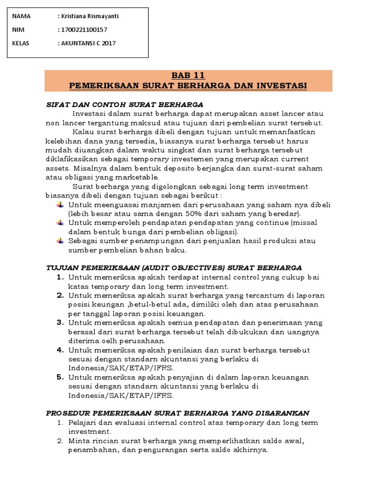 Akuntansi C Auditing 2 Pemeriksaan Surat Berharga Dan Investasi Kristiana Rismayanti 170221100157