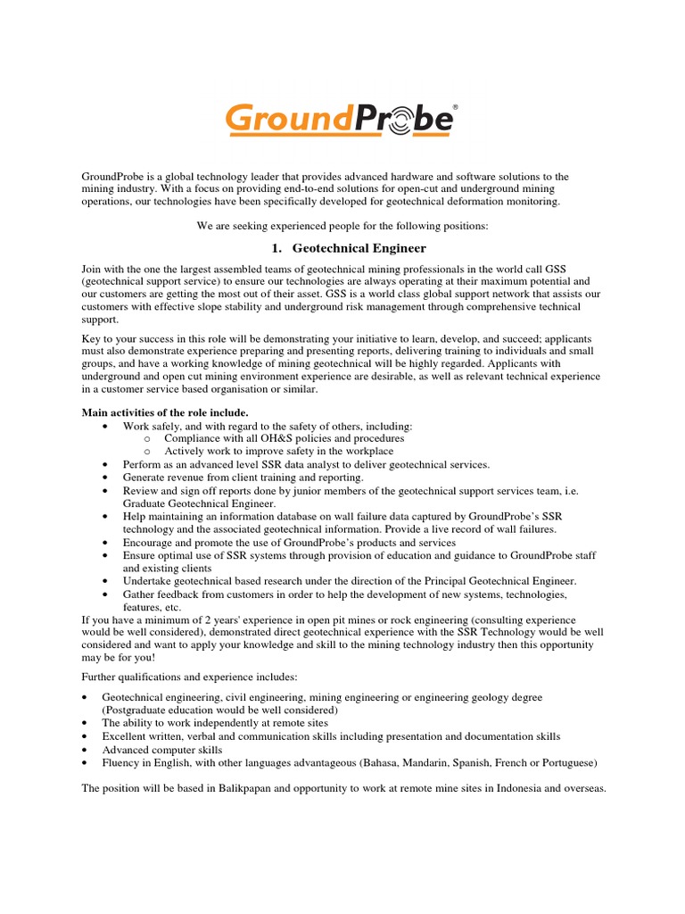 Job Vacancy Geotechnical Engineer and Graduate GT Engineer PT