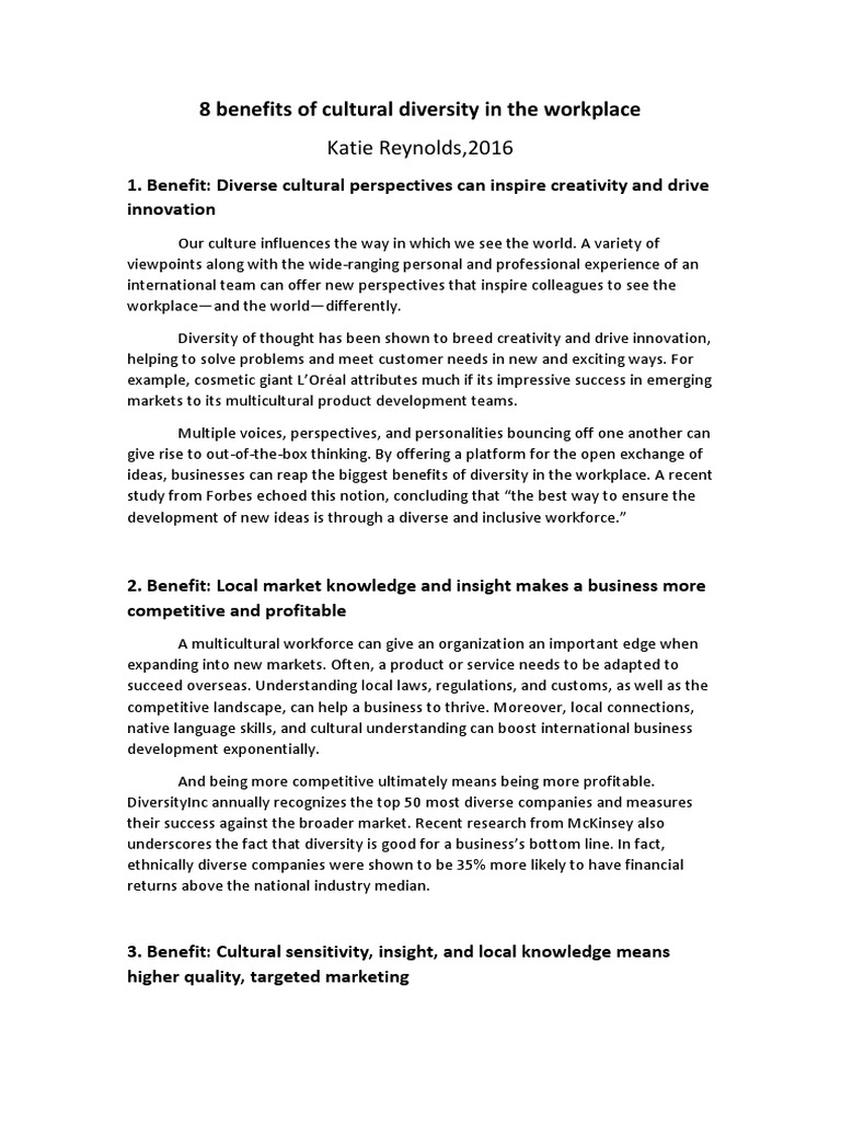 8 Benefits of Cultural Diversity in The Workplace: Katie Reynolds, 2016 ...