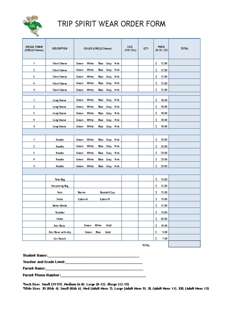 Trip SW Order Form | PDF | Dress Codes | Clothing