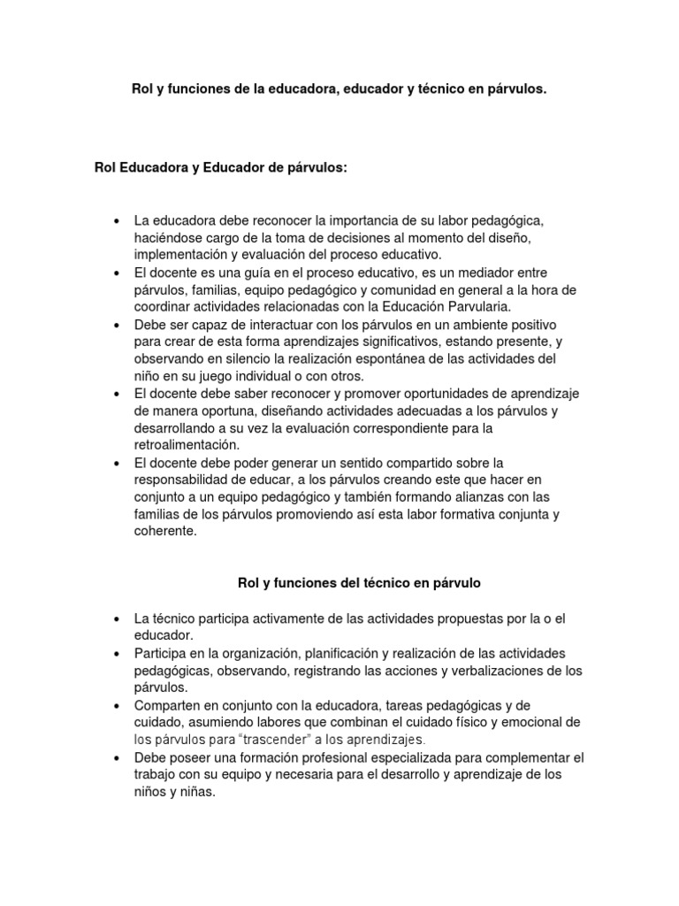 Rol y funciones de educadores en párvulos | PDF | Educación de la ...