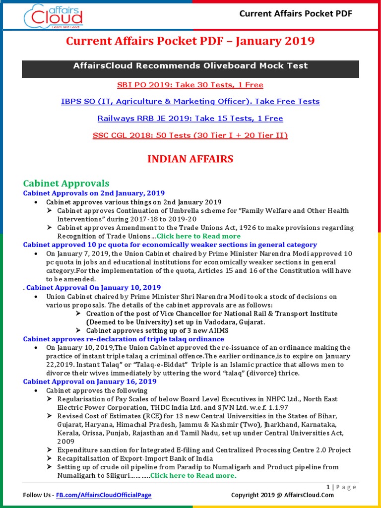 Current Affairs Pocket PDF - January 2019 by AffairsCloud | PDF ...