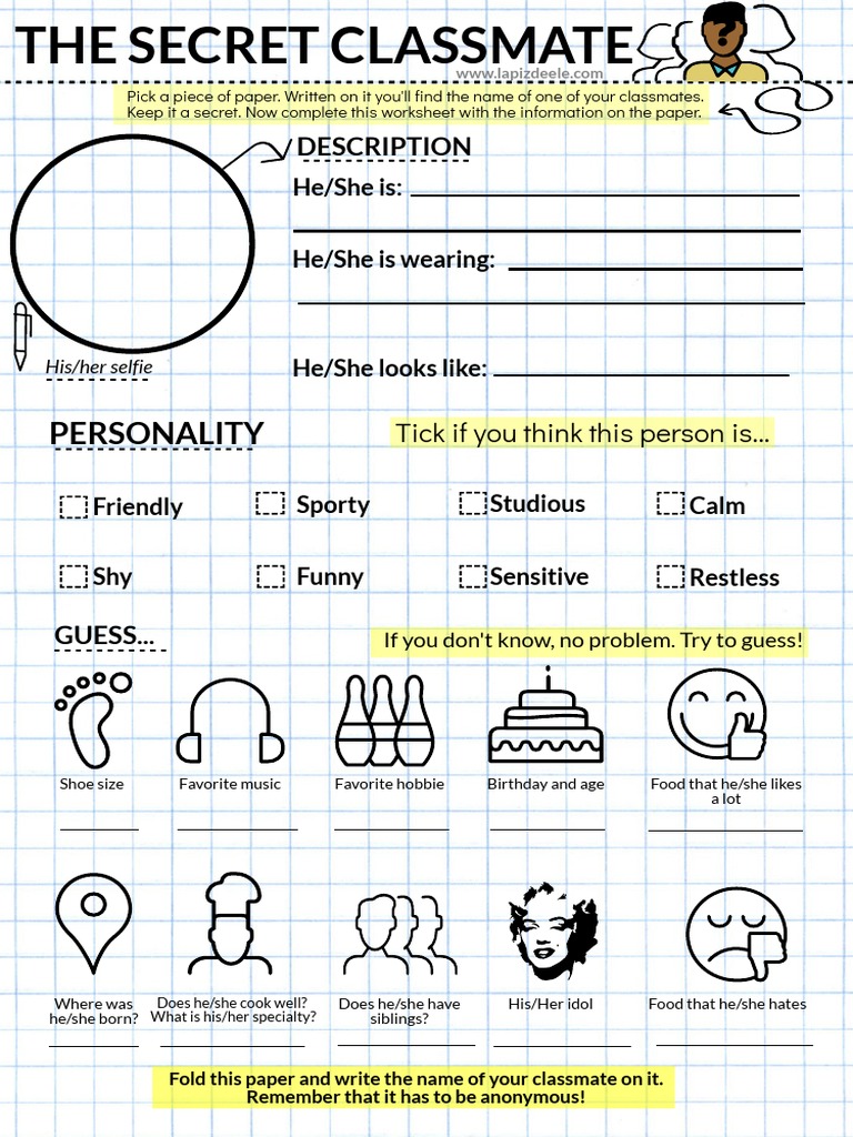 Secret Classmate Worksheet Activity | PDF | Self-Improvement