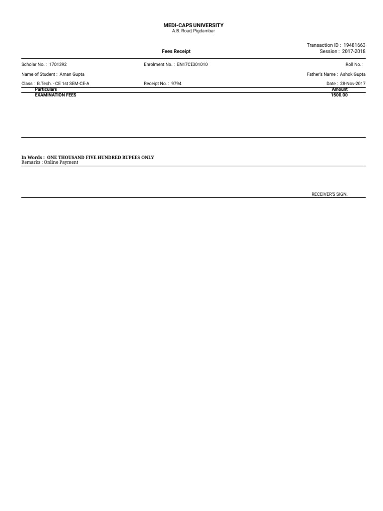 Fee Receipt Sample | PDF