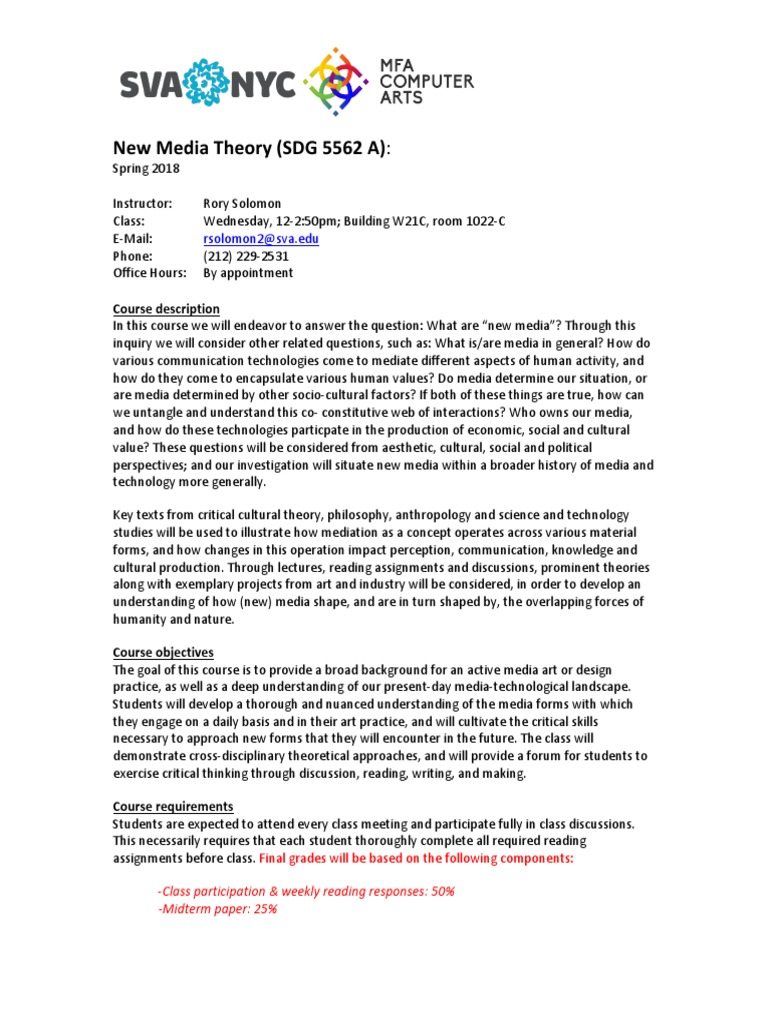 S18 MFACA Syllabus SDG5562A NewMediaTheory Solomon PDF Mass Media