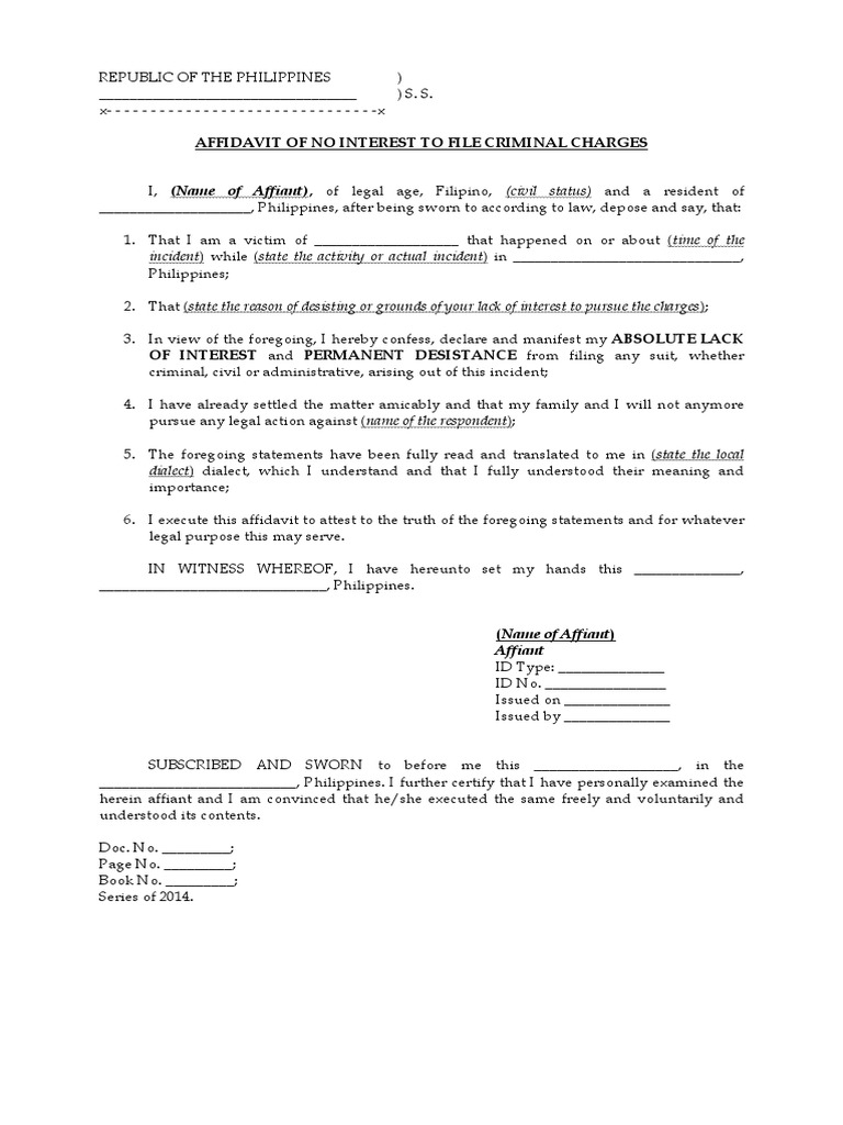 Affidavit of No Interest in Charges | PDF | Affidavit | Virtue