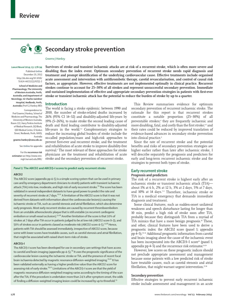 Secondary Prevention of Recurrent Stroke | PDF | Stroke | Ischemia