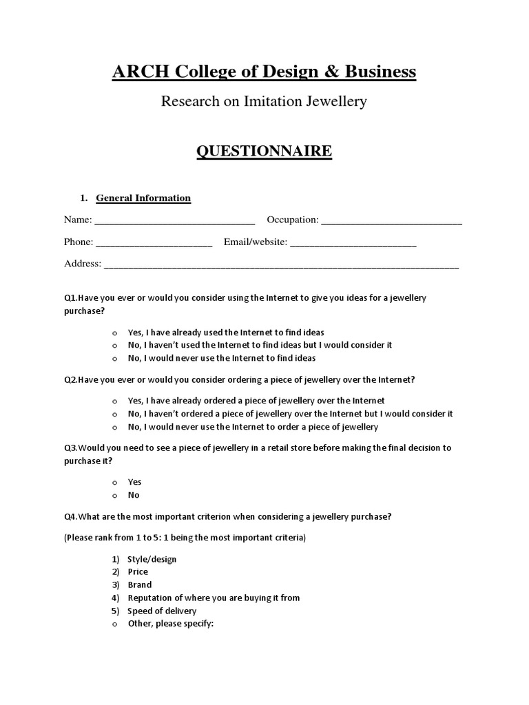 ARCH College of Design & Business Research On Imitation Jewellery