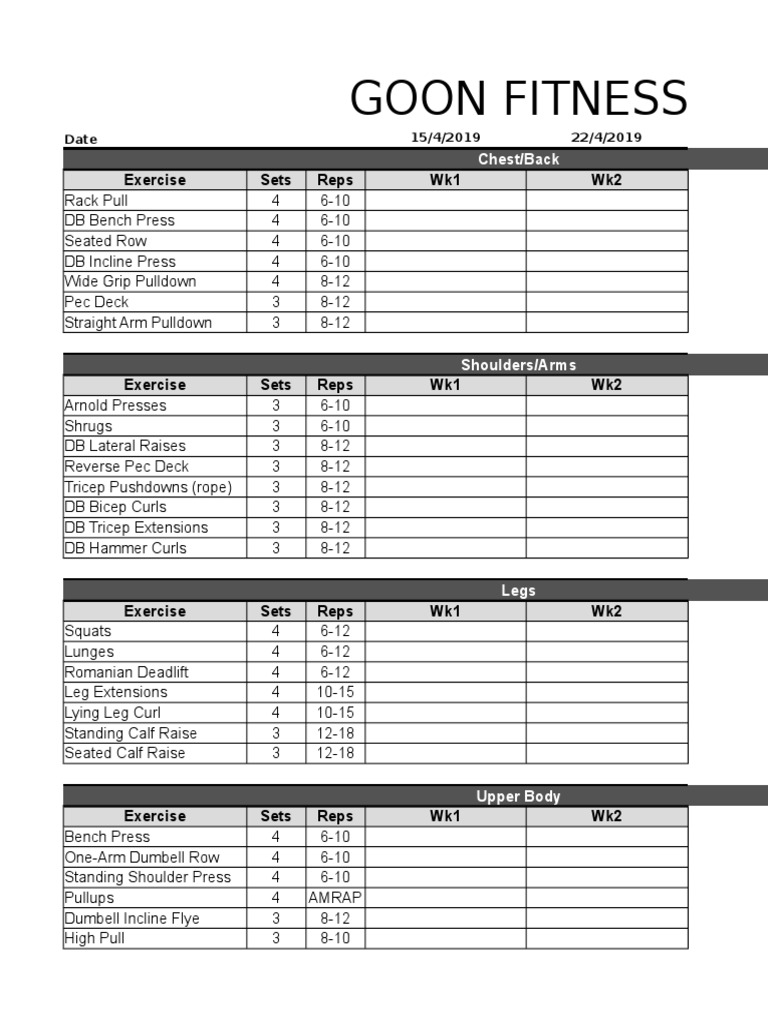 Goon Fitness: Exercise Sets Reps Wk1 Wk2 | PDF