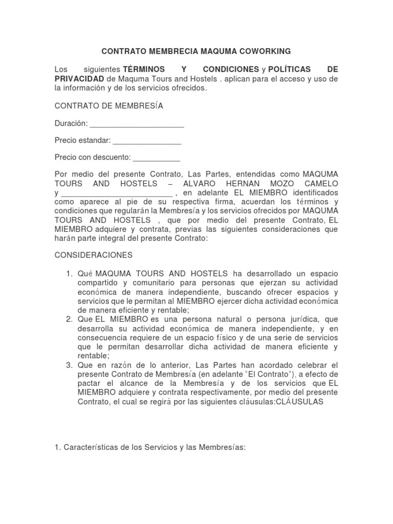 Contrato Membrecia Maquma Coworking | PDF | Bancos | Información del  gobierno