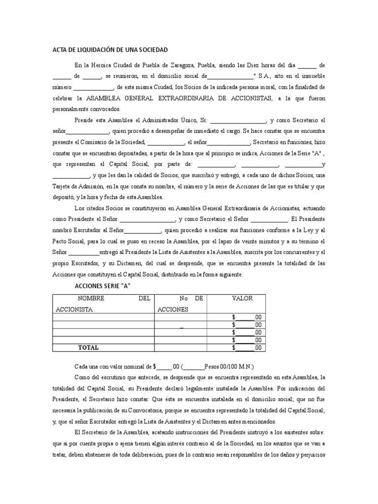 Acta de Liquidación de Una Sociedad PDF Sociedad de responsabilidad limitada Gobierno
