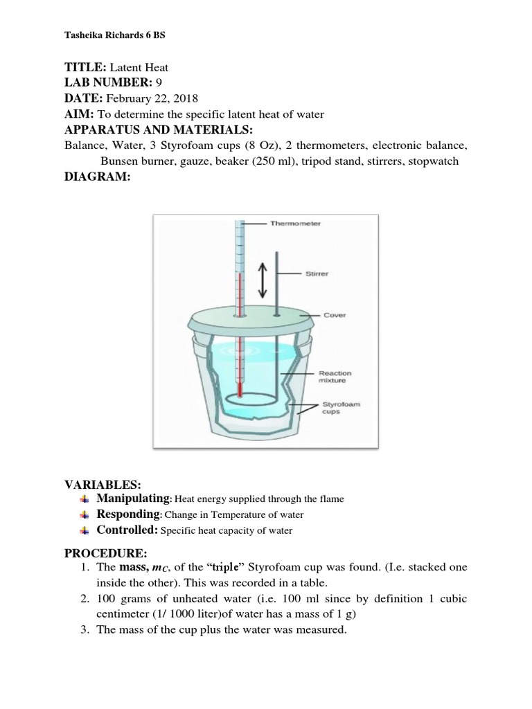 TITLE Latent Heat Lab Number 9 DATE February 22, 2018 AIM To