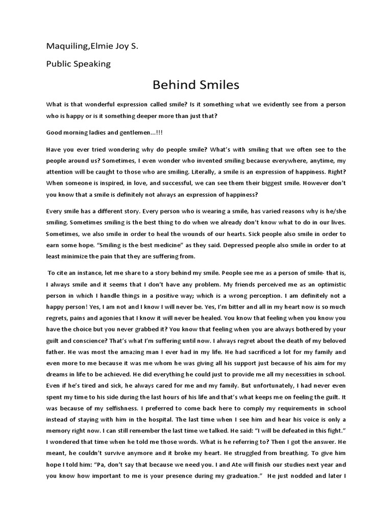 Behind Smiles Maquiling, Elmie Joy S. Public Speaking PDF Smile