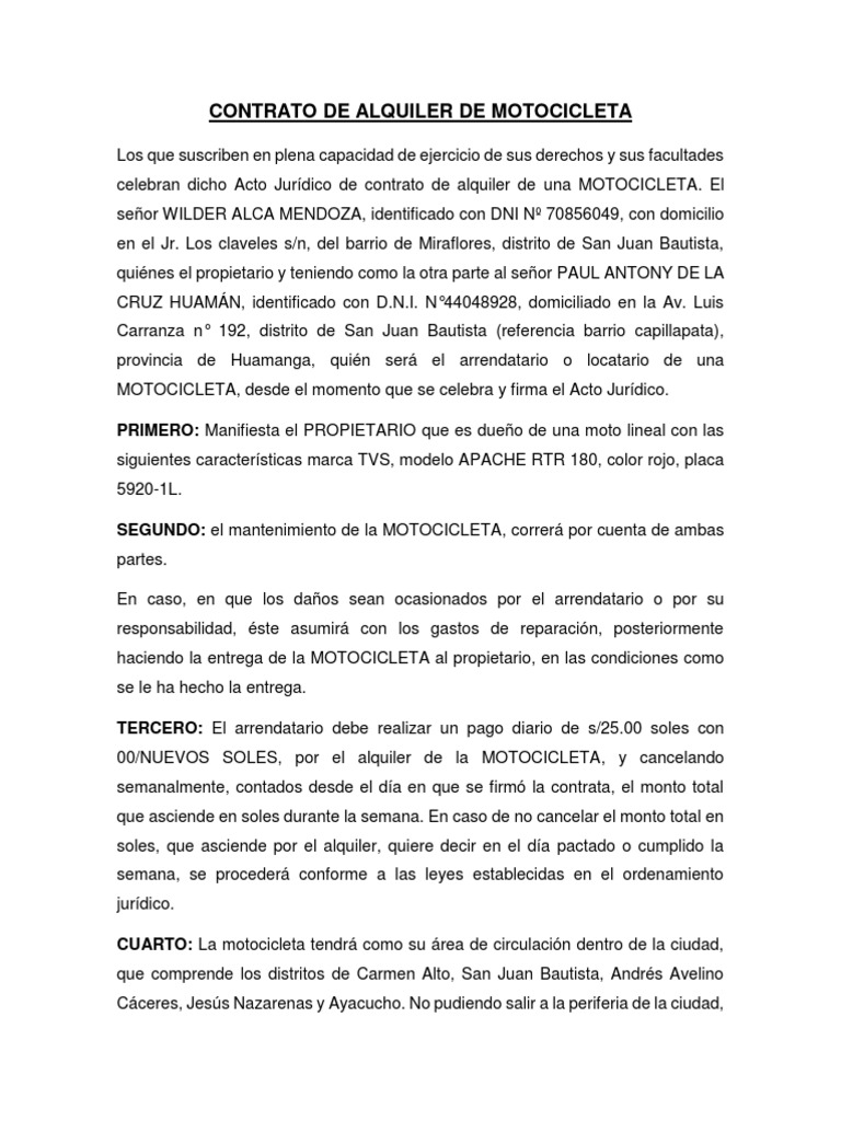 Contrato de Alquiler de Motocicleta Wilder | PDF | Propiedad | Gobierno