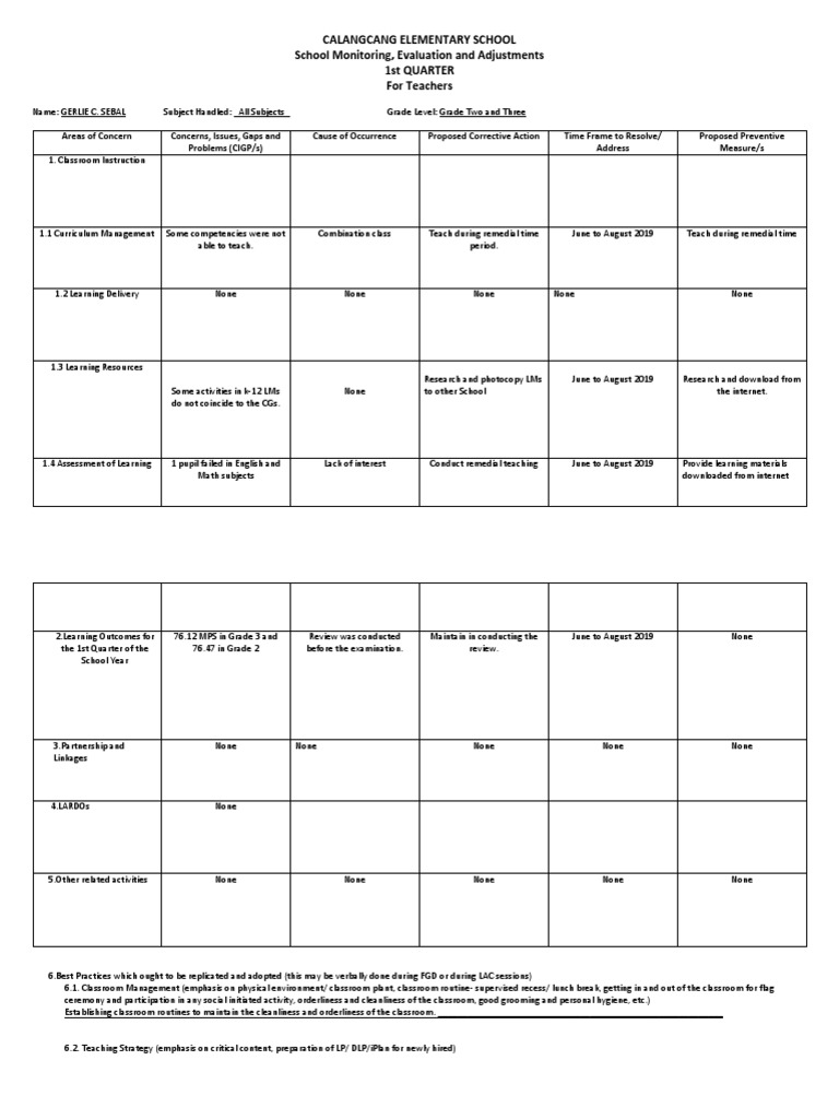 Calangcang Elementary School 1st Quarter Report | PDF | Classroom ...