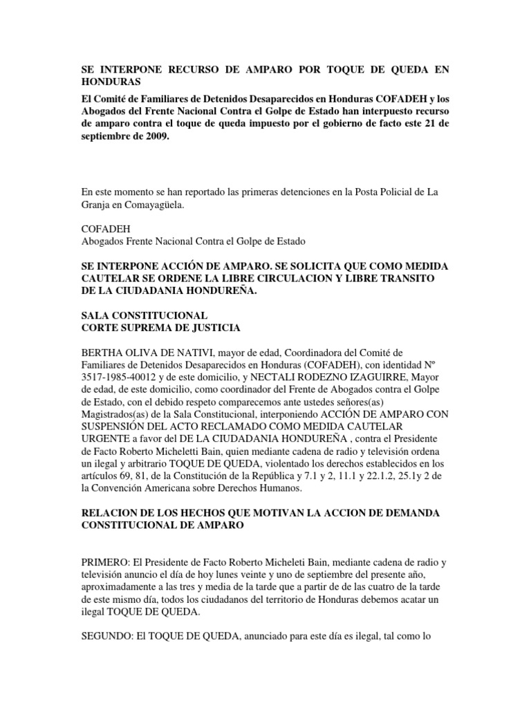 Se Interpone Recurso de Amparo Por Toque de Queda en Honduras | PDF ...