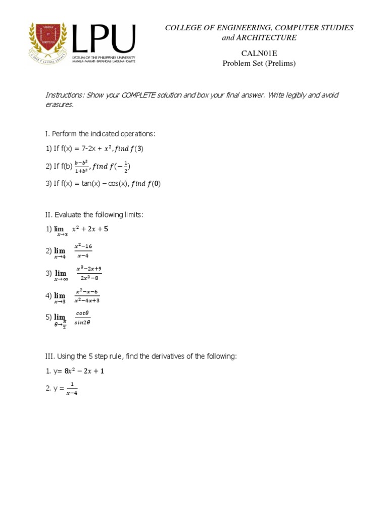 Caln01E Problem Set (Prelims) | PDF