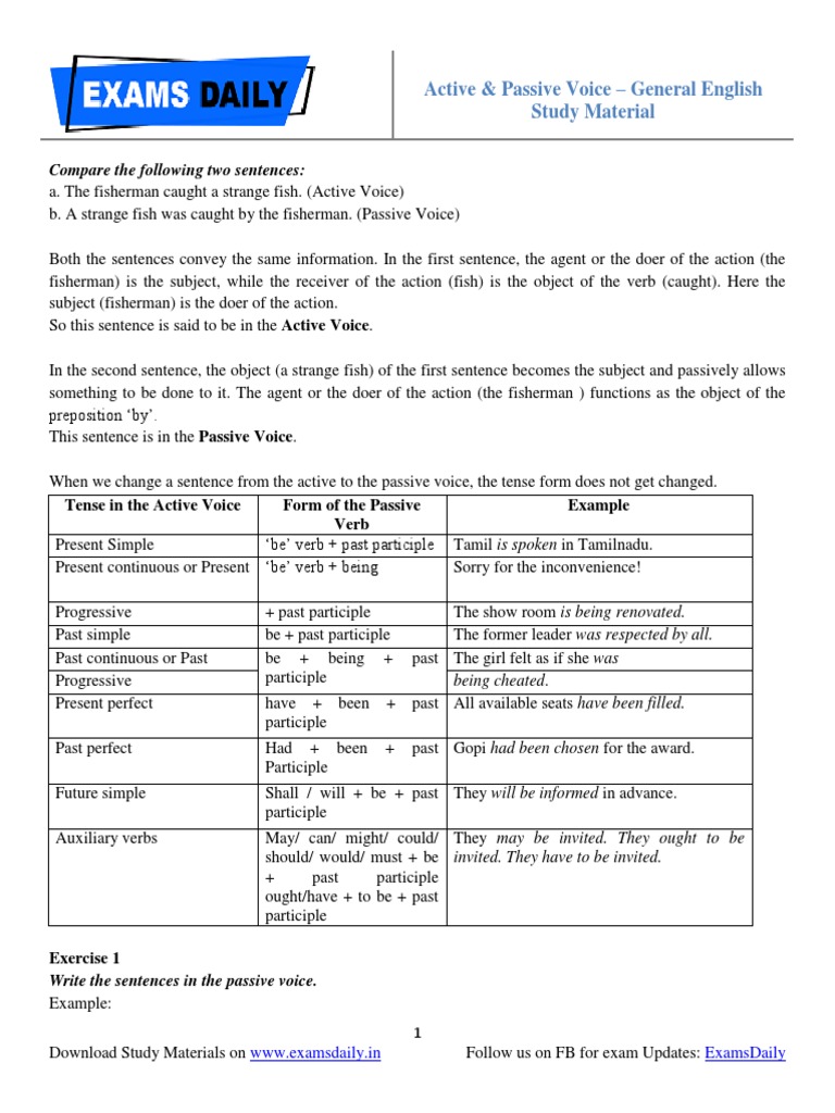 Active and Passive Voice Exercises | PDF | Languages | Language Arts ...
