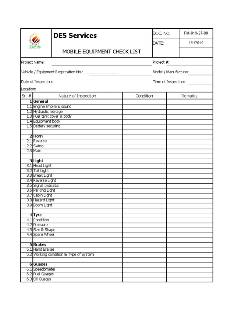 DES Services Mobile Equipment Check List PDF Truck Window