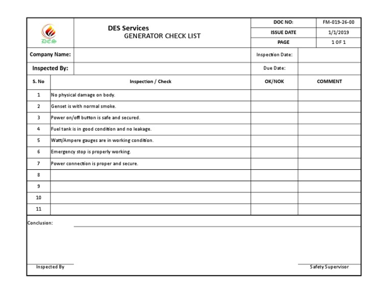 Generator Safety Inspection Checklist | PDF