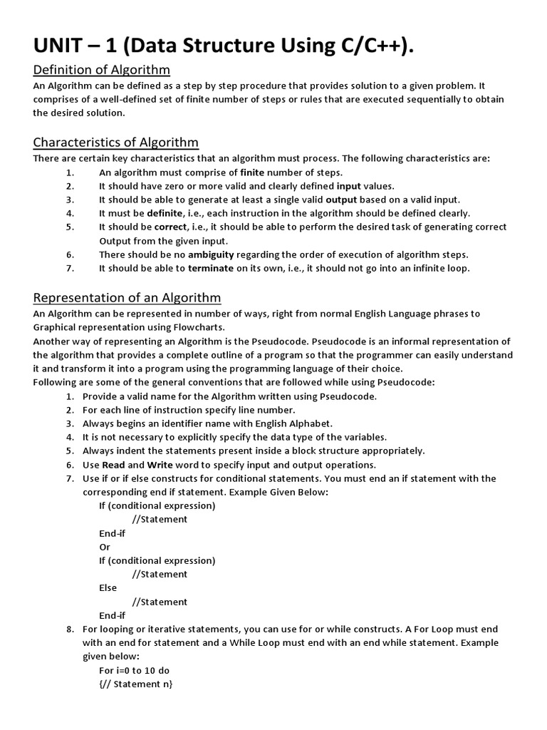 UNIT - 1 (Data Structure Using C/C++) .: Definition of Algorithm | PDF ...