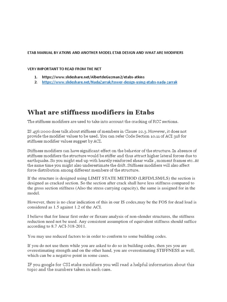 ETABS Stiffness Modifiers Explained | PDF | Beam (Structure) | Strength ...