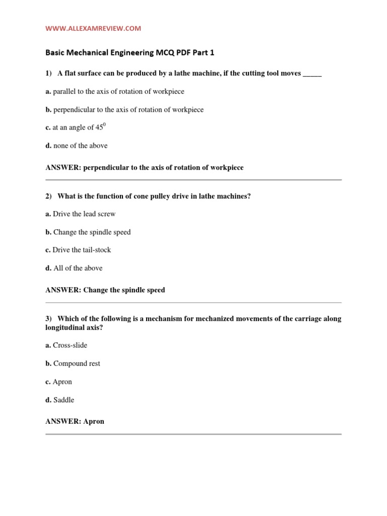 Basic Mechanical Engineering MCQs Part 1 | PDF | Gear | Strength Of ...