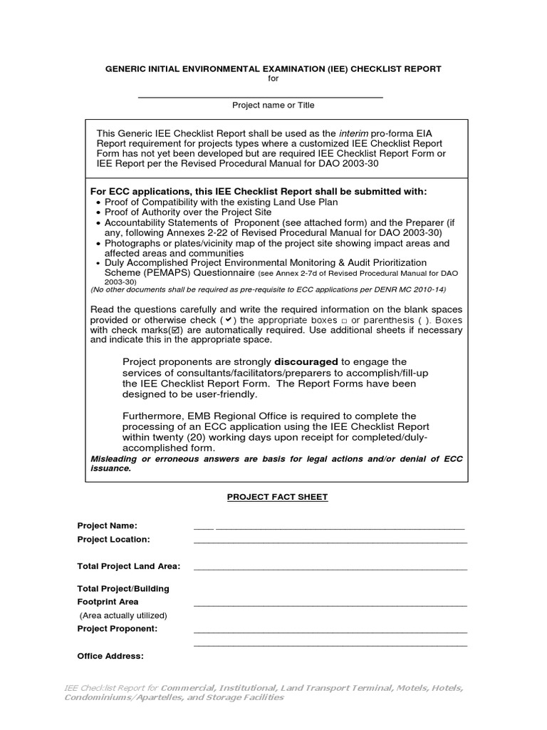 IEE Checklist Form PDF | PDF | Environmental Monitoring | Septic Tank