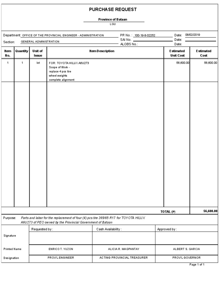 Purchase Request: Department: Section: PR No.: Sai No. Date: Date ...