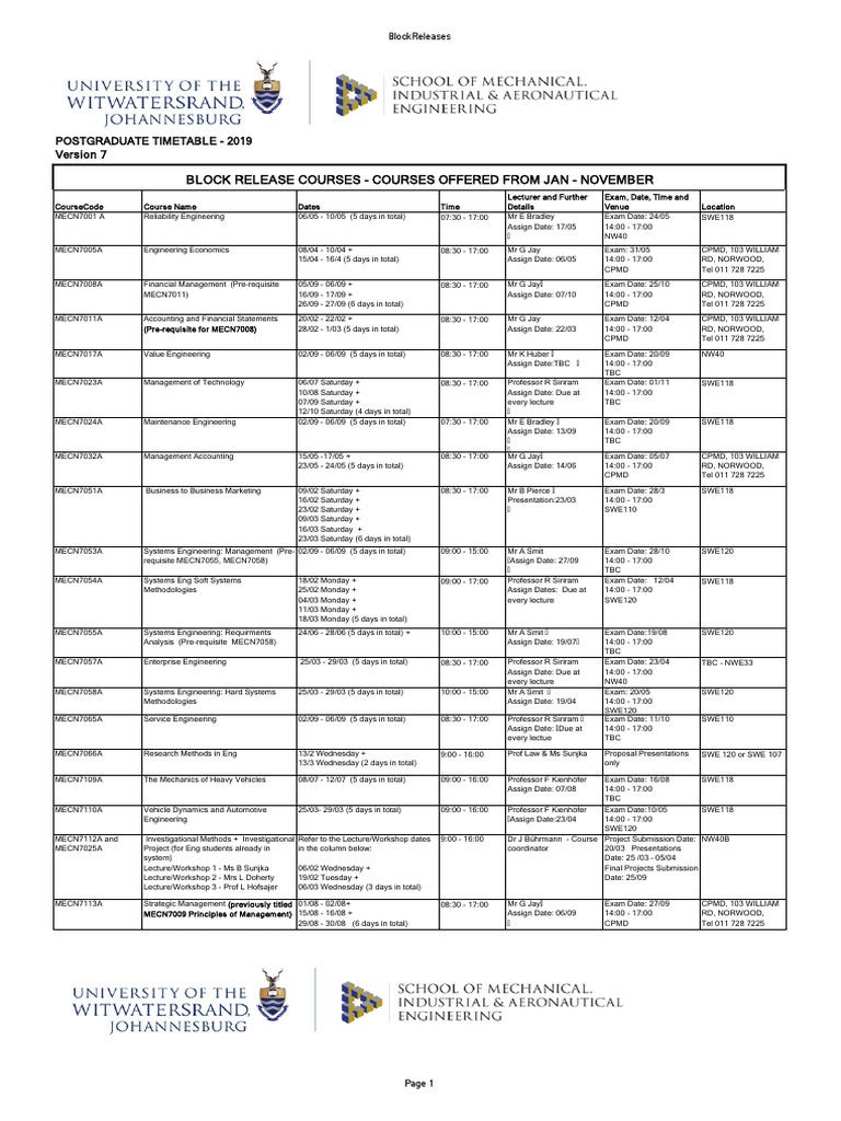 Masters Timetable V7 Updated 23-08-2019 Modification To Exam Dates ...