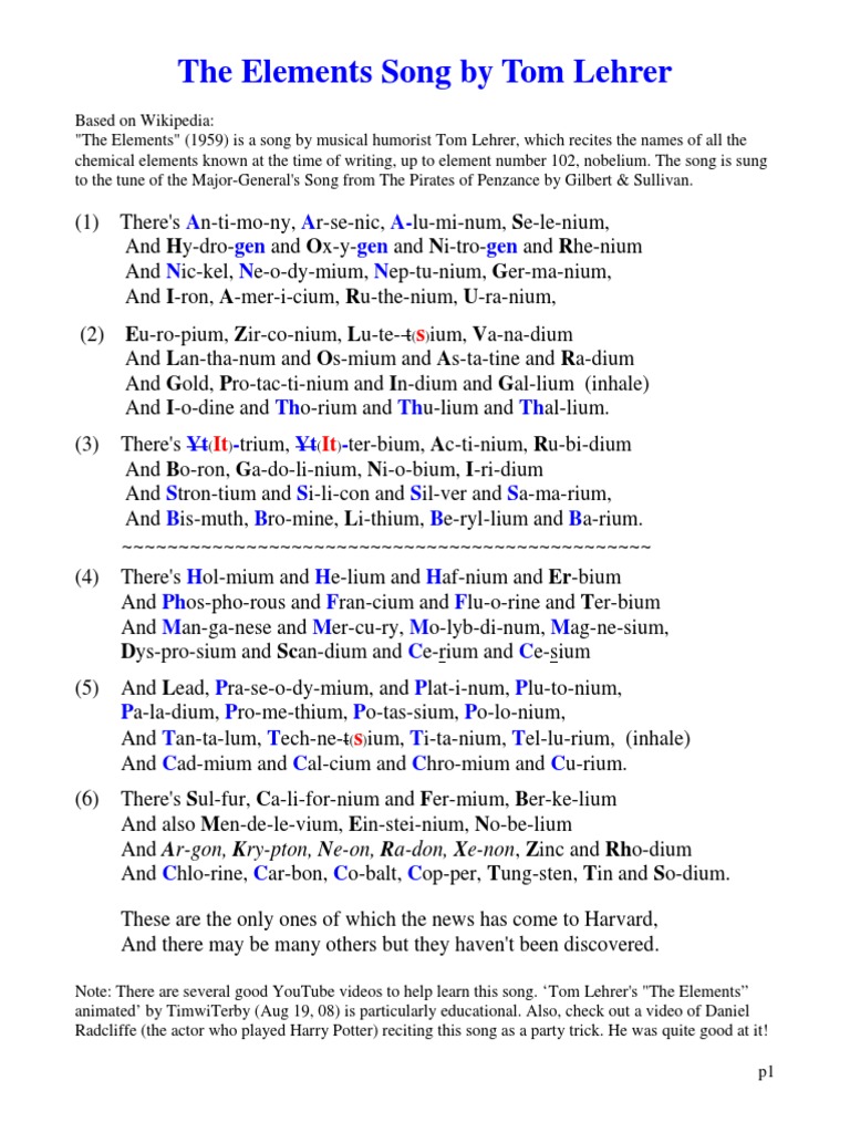 the elements song by tom lehrer lyrics pdf atoms chemical elements