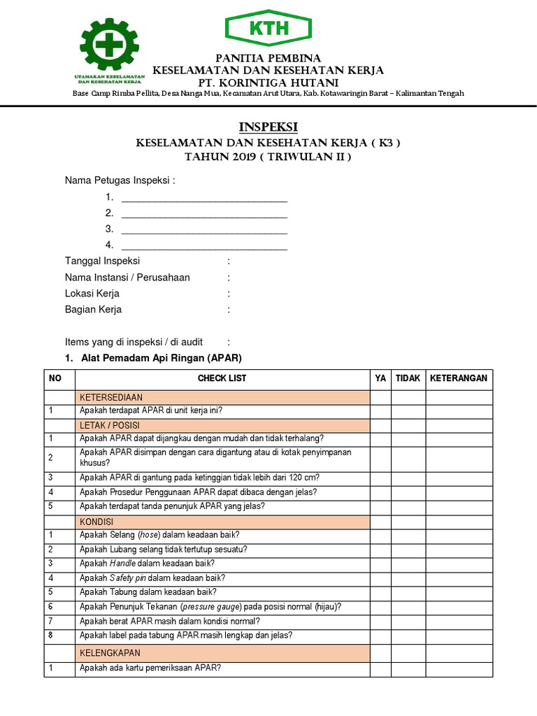 Checklist Inspeksi K3 2019 | PDF