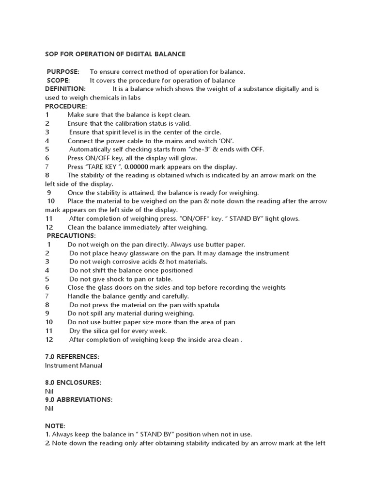 Sop For Operation 0F Digital Balance PURPOSE To ensure correct method