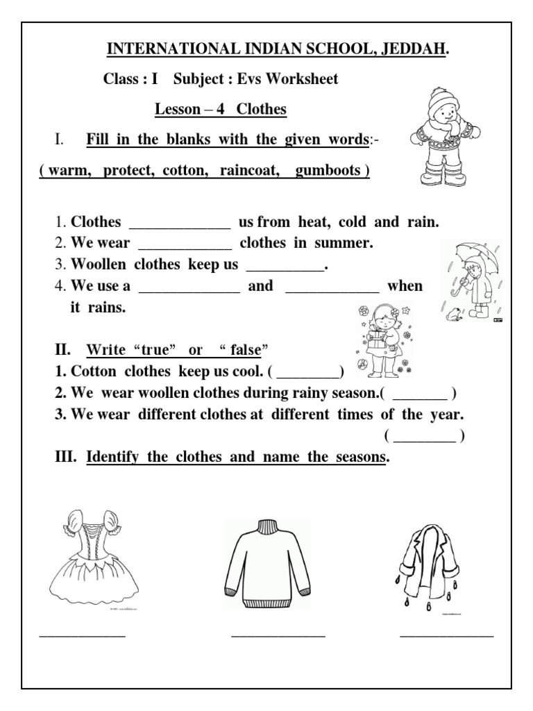 Evs Worksheet Class I Lesson 4 Clothes Pdf