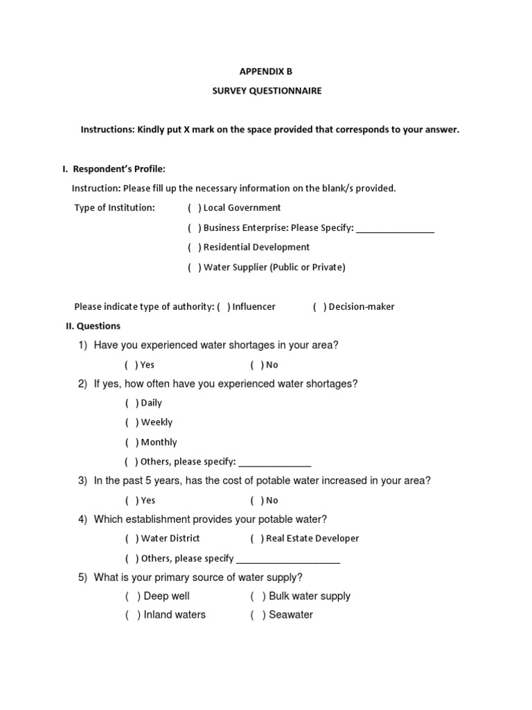 Appendix B Survey Questionnaire PDF Desalination Water Supply