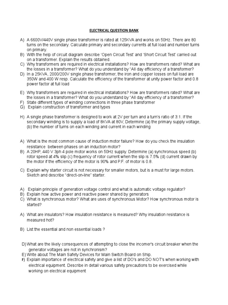 Electrical Question Bank PDF Transformer Electric Motor