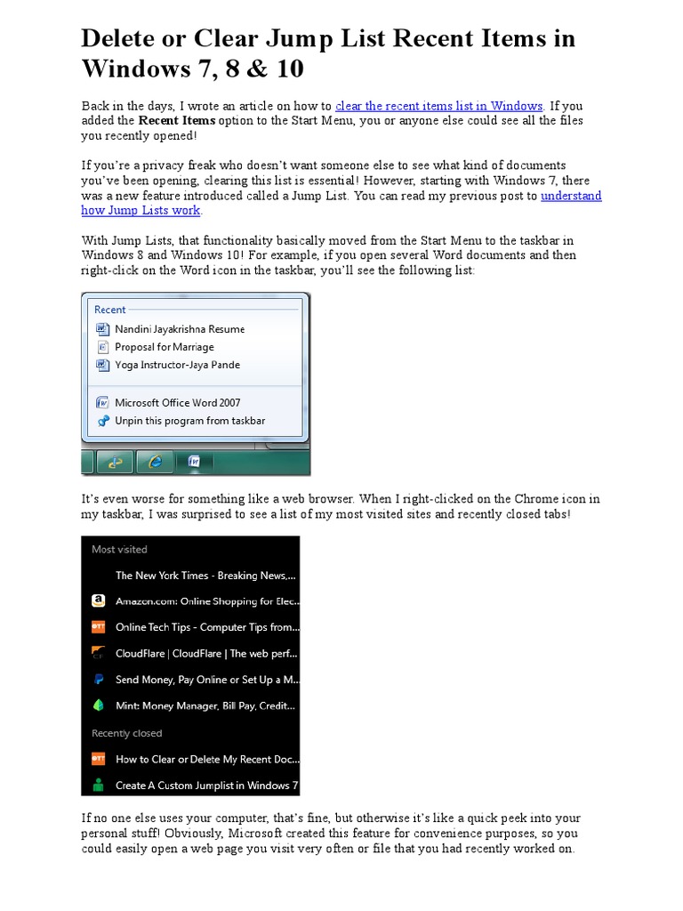 Delete or Clear Jump List Recent Items in Windows 7 8 10 | PDF ...