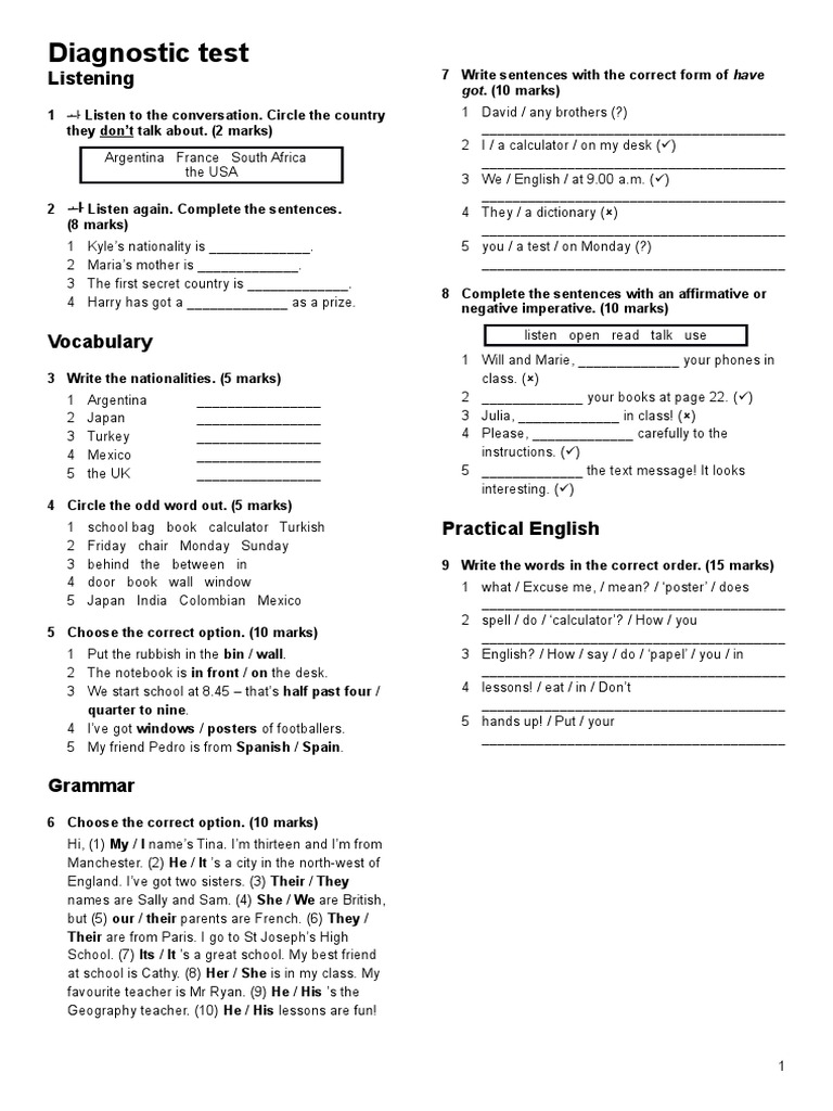 Diagnostic Test for English Language Skills | PDF | Human Communication ...