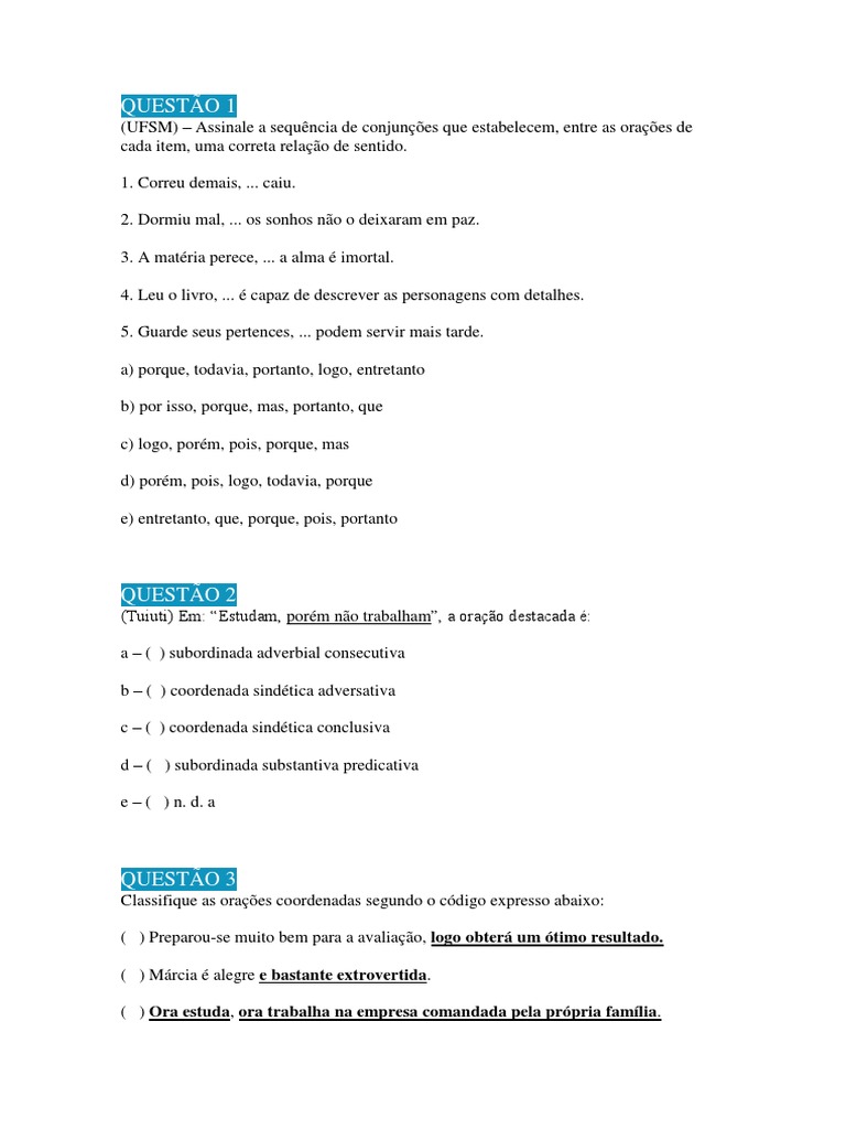 Exercícios sobre Conjunções Coordenadas | PDF