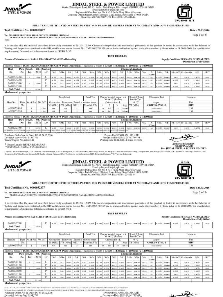 Page 1 of 6 Test Certificate No. 0000052877 PDF Ultimate Tensile