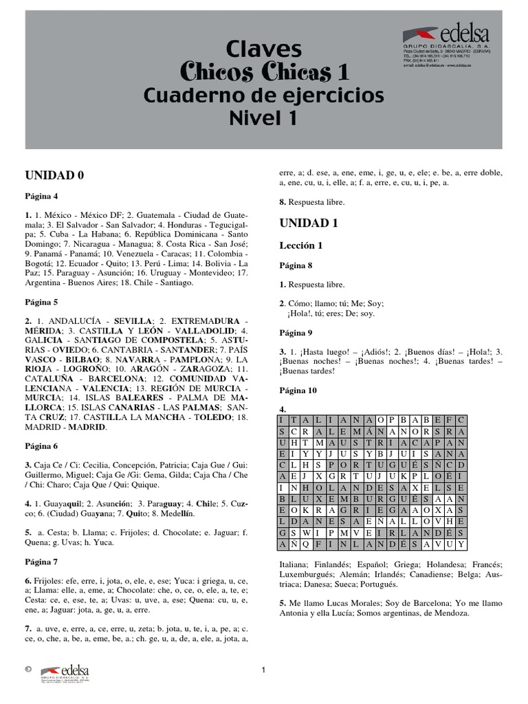 Chicos - Chicas - 1 - Claves Cuaderno - de - Ejercicios - PDF | PDF ...