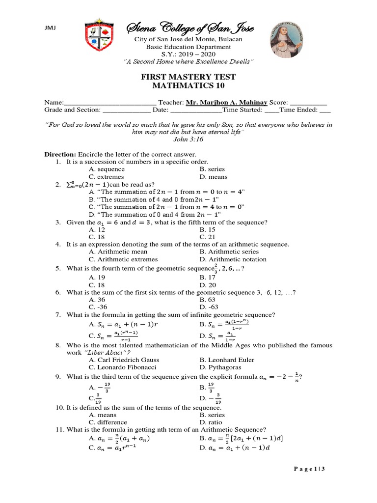 Mathematics 10 Mastery Test | PDF | Summation | Sequence
