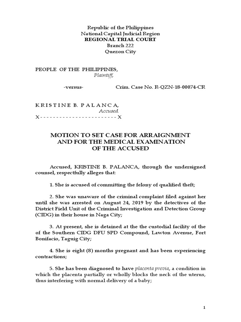 Arraignment Motion for Kristine Palanca | PDF | Childbirth | Pregnancy