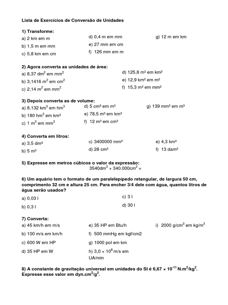 Lista de Exercícios - Conversão de Medidas | Observação Científica ...
