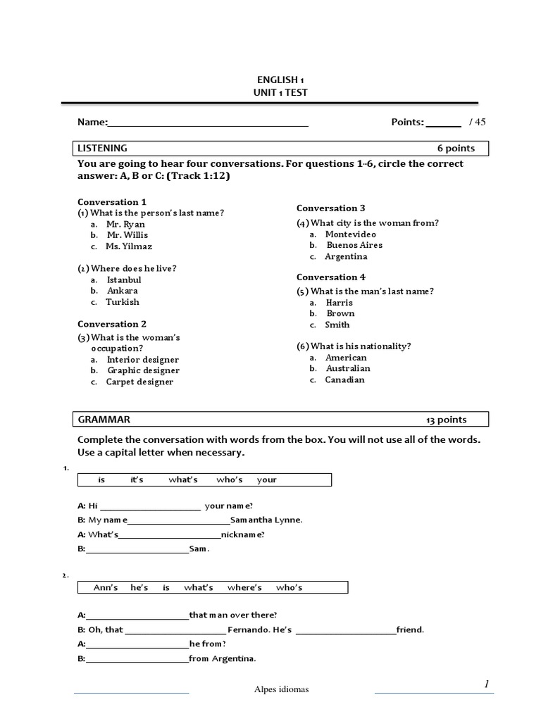 Top Notch 1 Unit 1 Exam PDF Communication Linguistics