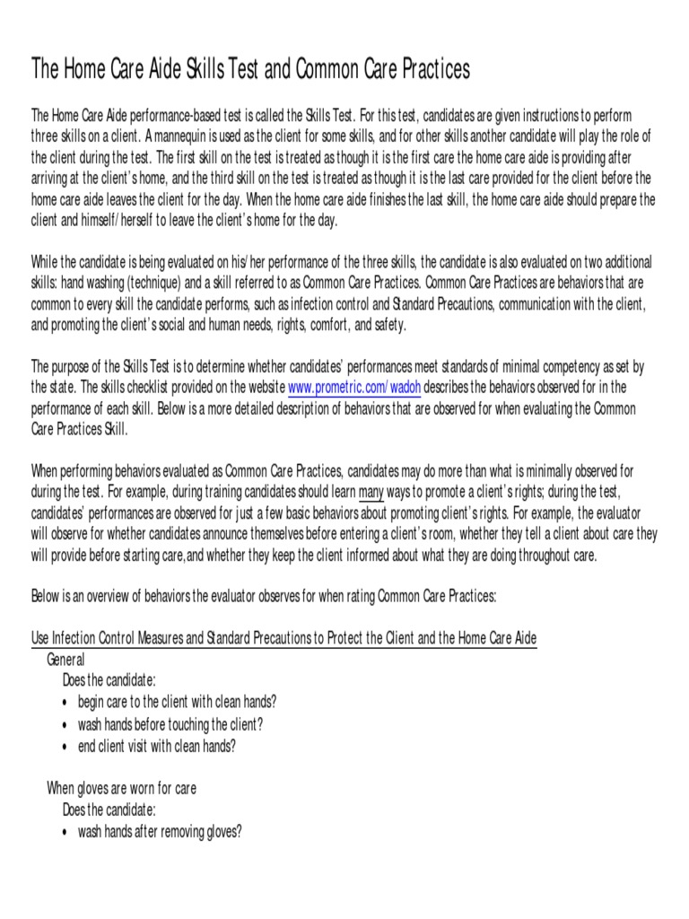 The Home Care Aide Skills Test and Common Care Practices PDF Hand