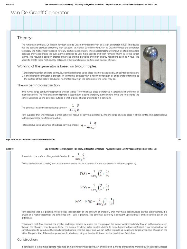 Van de Graaff Generator Theory PDF Particle Accelerator Electric